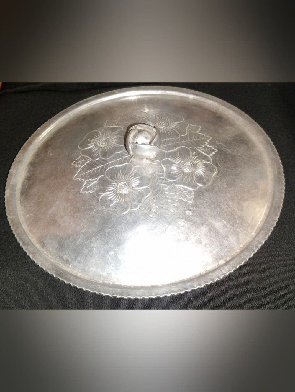 Vintage Hammered Aluminum Replacement Lid Dogwood Floral Chased Pattern 8 Inches